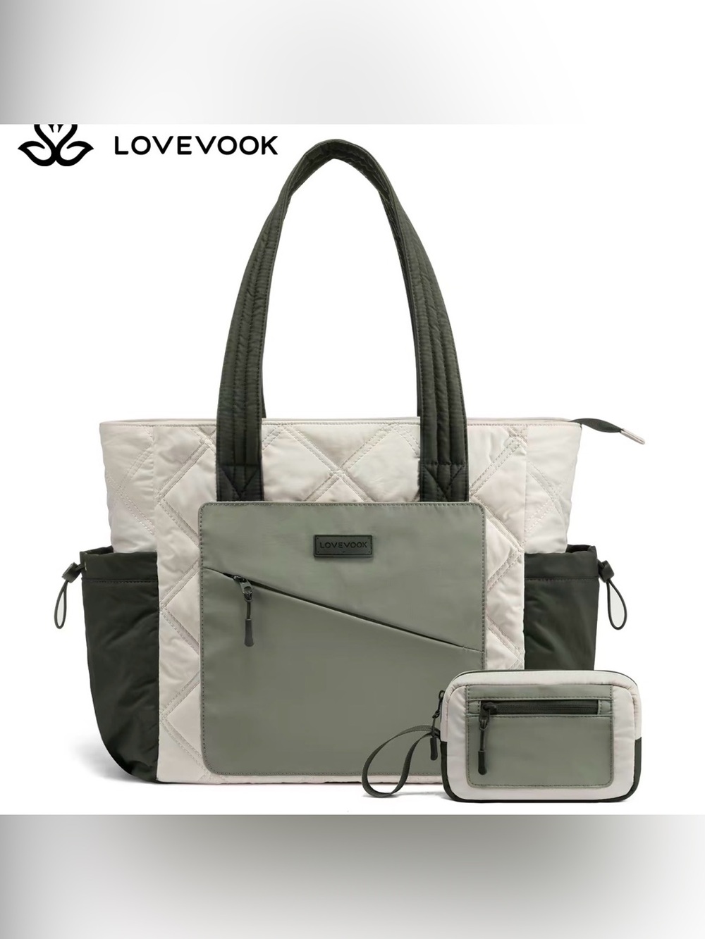 LOVEVOOK Quilted Shopper Tote in Light Gray and Olive